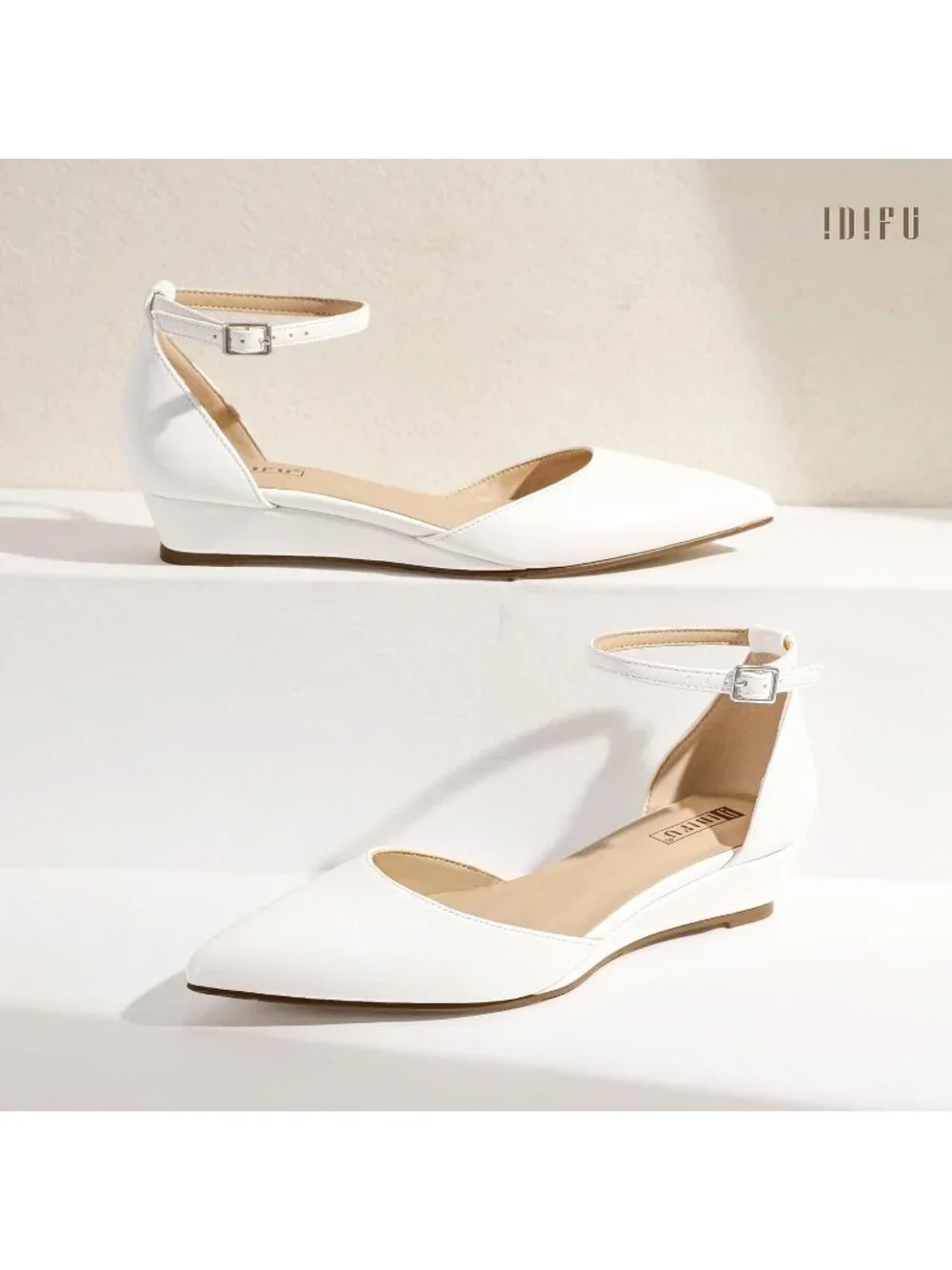 Women's White PU Low Wedge Flats Closed Pointed Toe Adjustable Ankle Strap Shoes